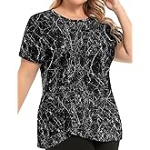 FOREYOND Plus Size Workout Tops for Women Short Sleeve Loose Fit Athletic Shirts Running Yoga Clothing Summer, Black Marble, 4XL