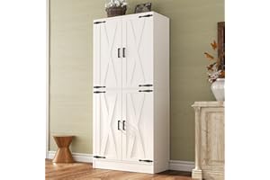 Unikito Kitchen Pantry Storage Cabinet with Farmhouse Barn Doors and Storage Drawer, 4 Adjustable Shelves, Freestanding Tall 71‘’ H Cupboard for Dining Room, Living Room, Utility Room, White
