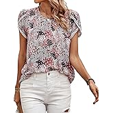 Angashion Women's Tops Casual Floral Print Lace Crochet Short Sleeve Crewneck Summer Loose Blouse Shirt Tunic Top