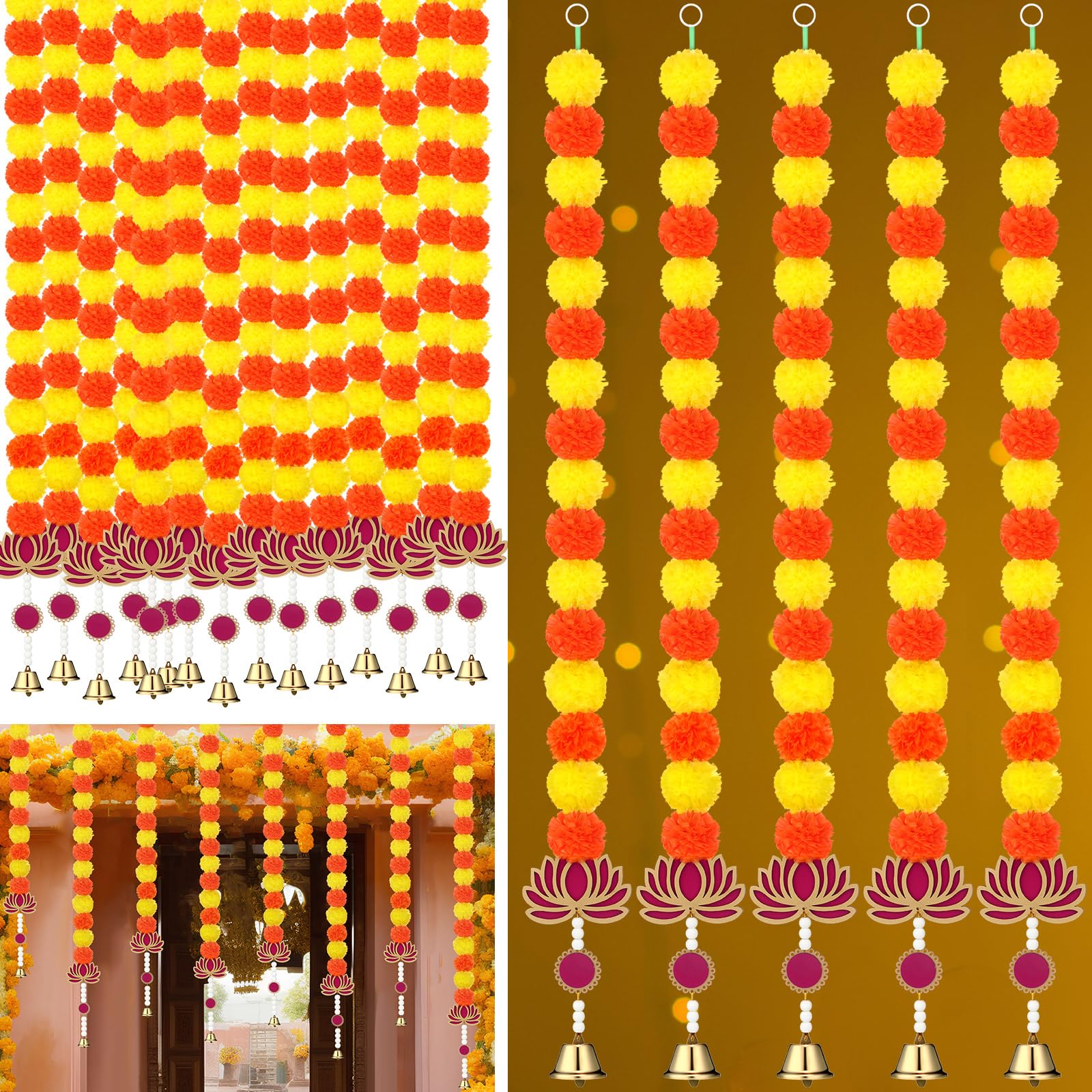 Photo 1 of Thiccywoov 5 Pcs 50 Inch Diwali Artificial Marigold Garland with Wooden Lotus Hanging for Decoration Indian Pooja Decor Lotus Flower Decor Indian Pooja Ganesh Decorations for Home Wall New Year Gift