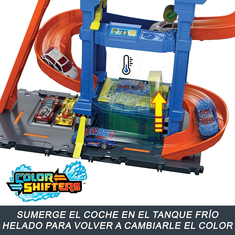 Hot wheels city “vamos correr - vamos correr!” netflix - spinning car wash track para carros de brinquedo, inclui 1 veículo color shifter, +4 anos (mattel htn80)