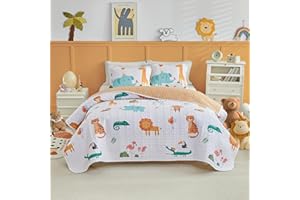 Joyreap 2 Pieces Twin Size Cotton Quilt Set, Zoo Theme Cute Animals White n Orange Design, Cozy Lightweight Bedding Set Quilt Bedspread Bed Cover for for Kids Boys n Girls- 68x86 inches
