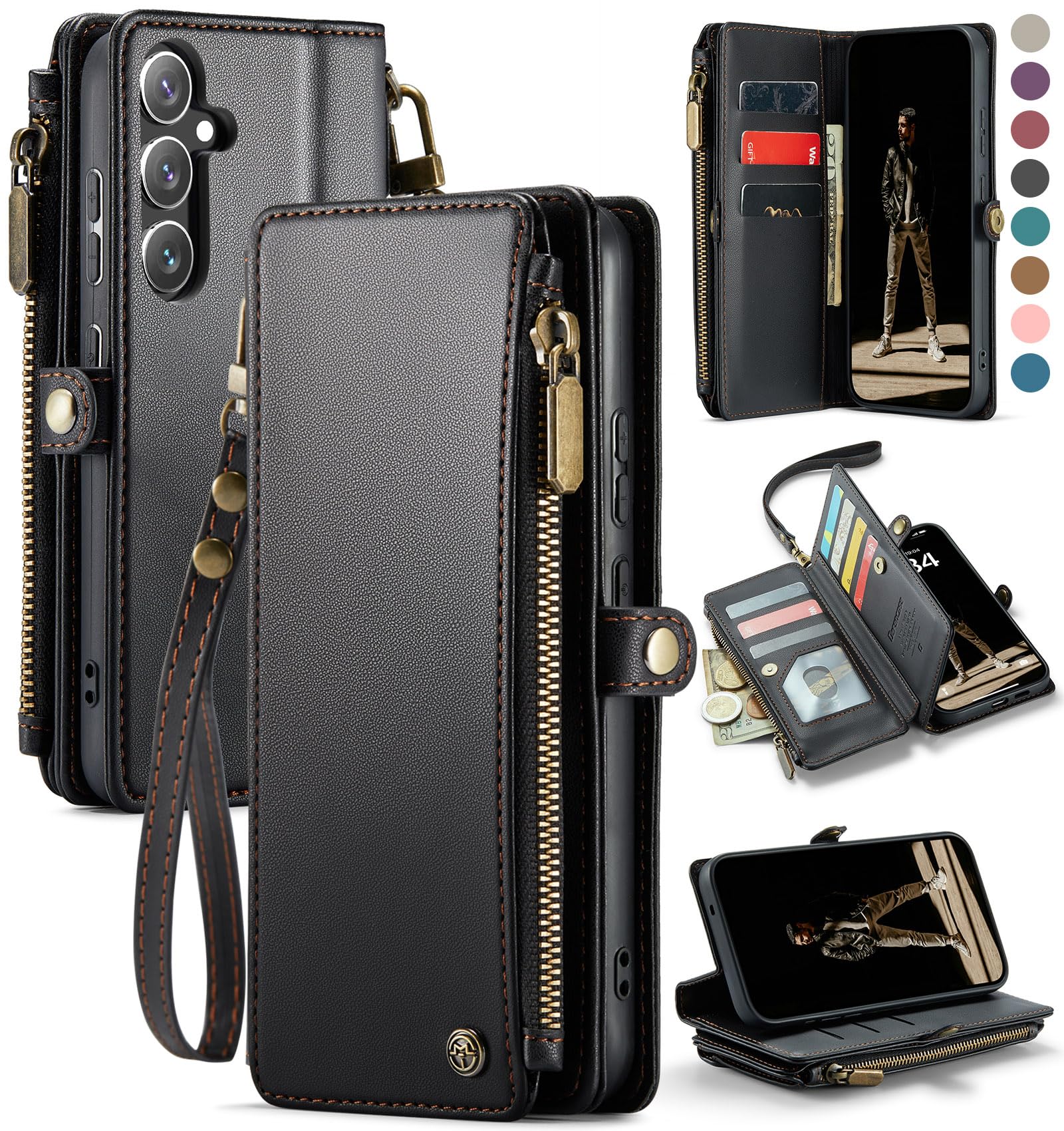 Defencase for Galaxy S25 Plus/S25+ Case Wallet with RFID Blocking Card Holder for Women Men, Elegant Leather Magnetic Snap Flip Strap Zipper Wallet Phone Cases for Samsung Galaxy S25 Plus 6.7", Black