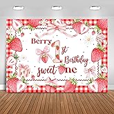 Fitumiw Berry 1st Birthday Backdrop 7x5ft Strawberry Happy First Birthday Photography Background Party Decorations for Girls Sweet One Banner Photo Booth Props