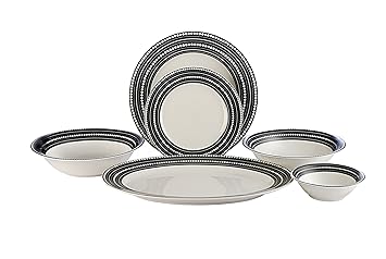 Hitkari Potteries Coloured Line Porcelain Dinner Set, 21-Pieces, White 15206
