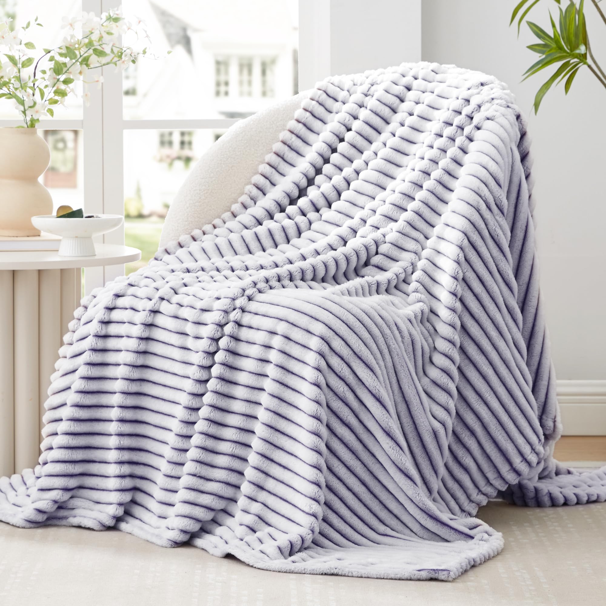 Photo 1 of EXQ Home Fleece Throw Blanket for Couch or Bed - 3D Printed Stripe Jacquard Decorative Blankets - Cozy Soft Lightweight Fuzzy Flannel Blanket Suitable for All Seasons(50"×60",Purple)