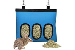 SKYJORMY Rabbit Hay Feeder, Bunny Hay Bag for Rabbits,Rabbit Feeder Fabric Bag Feeder Storage Bag,3 Holes Large Capacity 600D Oxford Cloth Fabric Hanging Hay Feeder Bag for Small Animal,Hay Guinea Pig(Blue)
