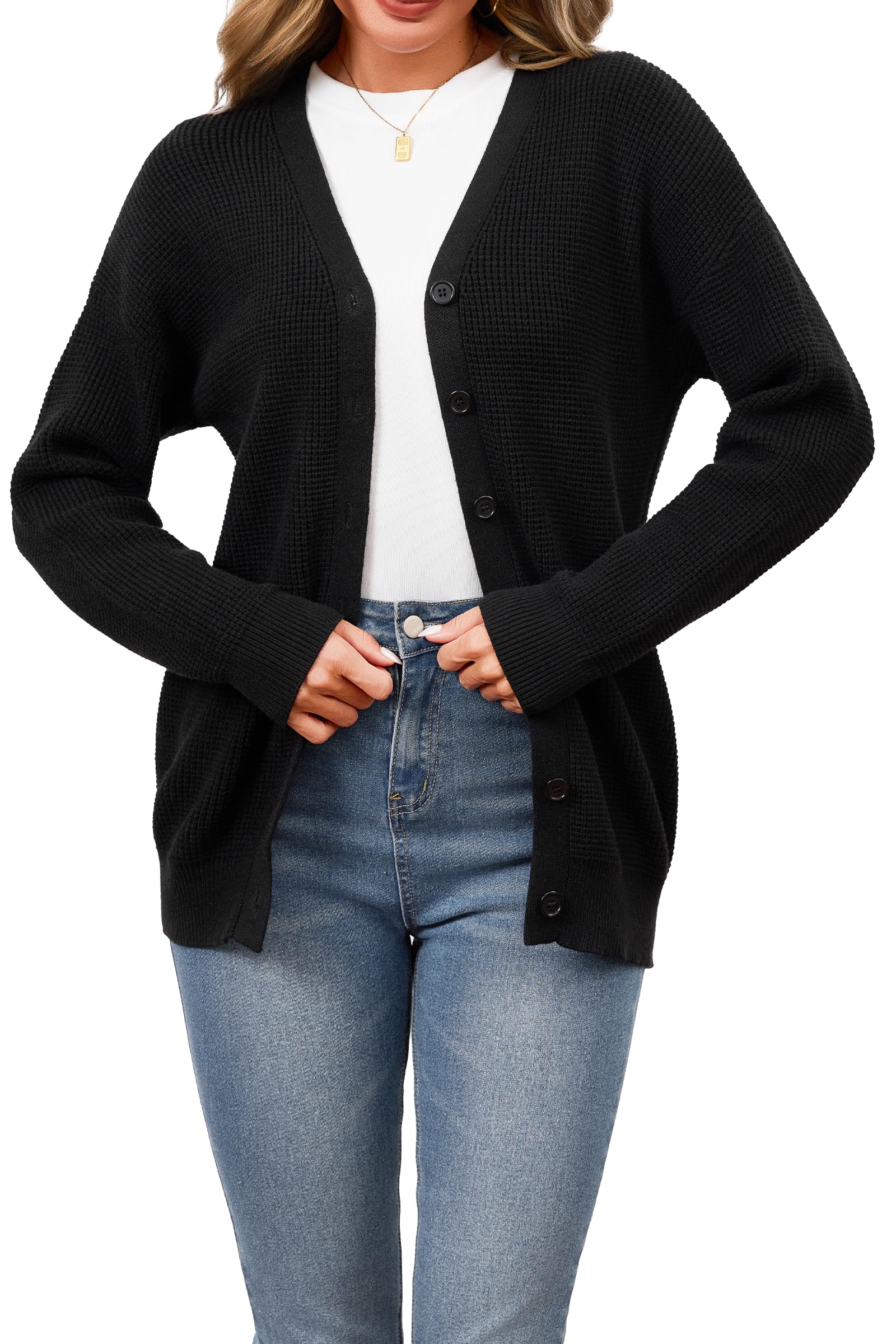 Bykoag Women's Cardigans Sweaters Long Sleeve Button Loose Short Cardigan Outerwear Coats for Women 2025 Black