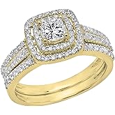 Dazzlingrock Collection 0.95 Ctw Princess & Round White Natural Diamond Halo Bridal Engagement Ring Band Set, in Real Solid Gold