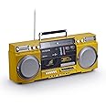aiwa Retro Boombox CD Player with Cassette Recording, Bluetooth 5.0, FM/AM Radio, USB/SD/AUX Inputs, VU Meters, LCD Display, Dual 40W Speakers - Yellow