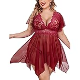 Avidlove Women's Plus Size Babydoll Floral Lace Lingerie Deep V Nighty Mesh Sleepwear