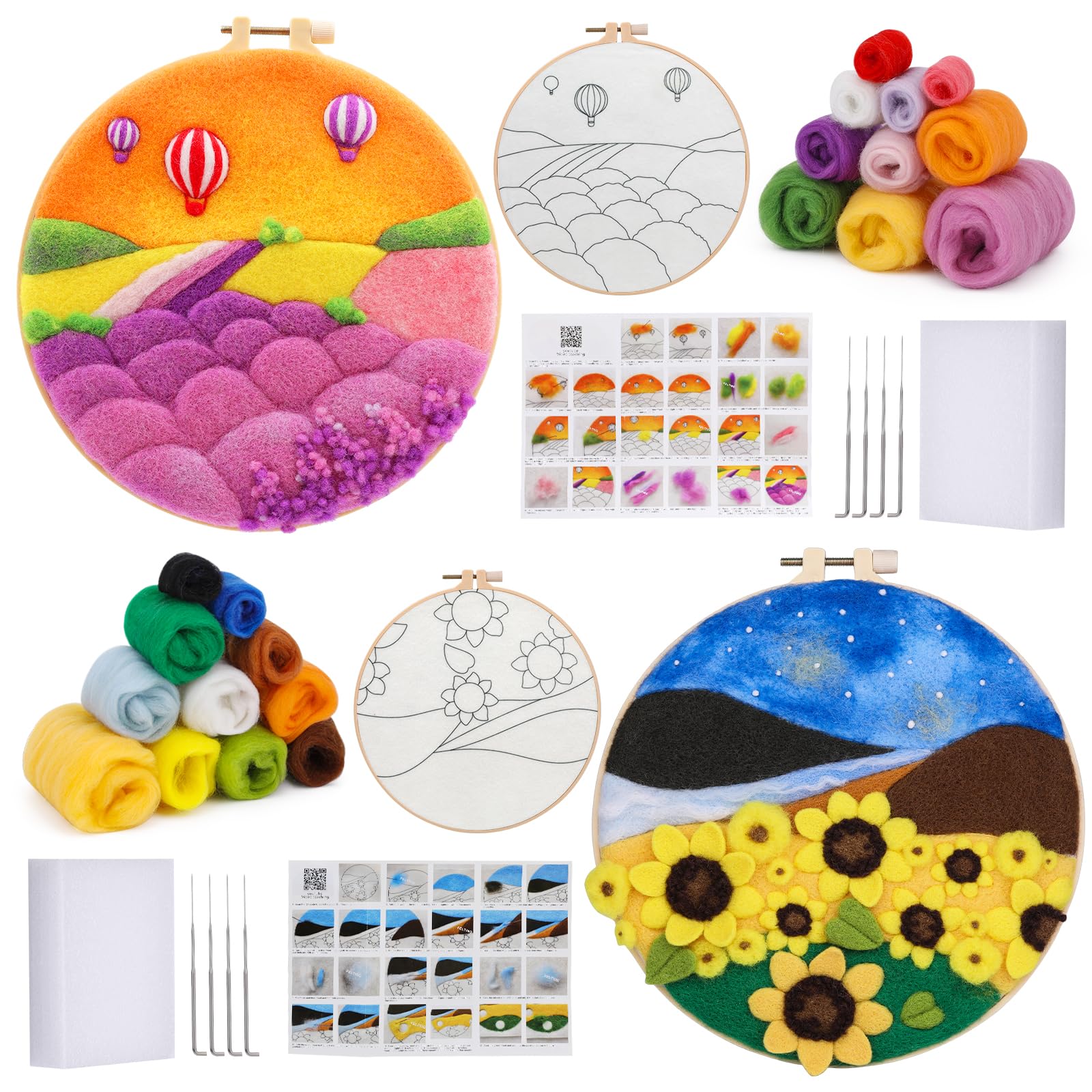 BUOKKON 2 Pack Needle Felting Kit, Felting Kit for Beginners with Wool Roving Picture Frame Felting Needles Instructions, Needle Felting Starter Kit for DIY Decoration