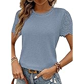 SHEWIN Womens Frenchy Summer Tops Crewneck Short Sleeve T Shirts Casual Waffle Knit Jacquard Blouses Top Shirts