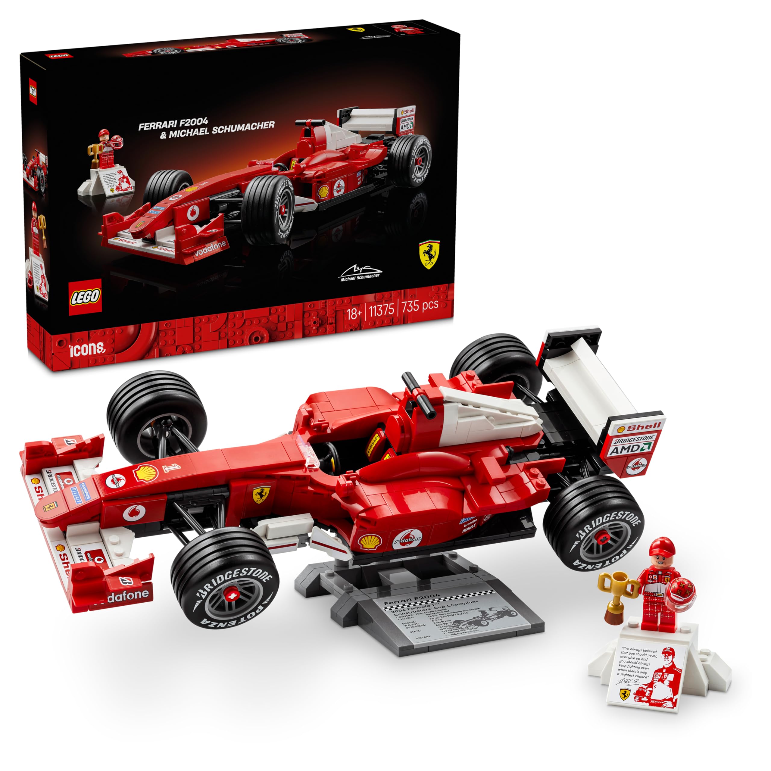LEGO Icons Ferrari F2004 und Michael Schumacher - F1 Rennwagen Modellbau für Erwachsene - F1 Modellauto Set mit V10-Motor & sammelbarer Fahrer Minifigur - Formel 1 Geschenk für Motorsport Fans - 11375