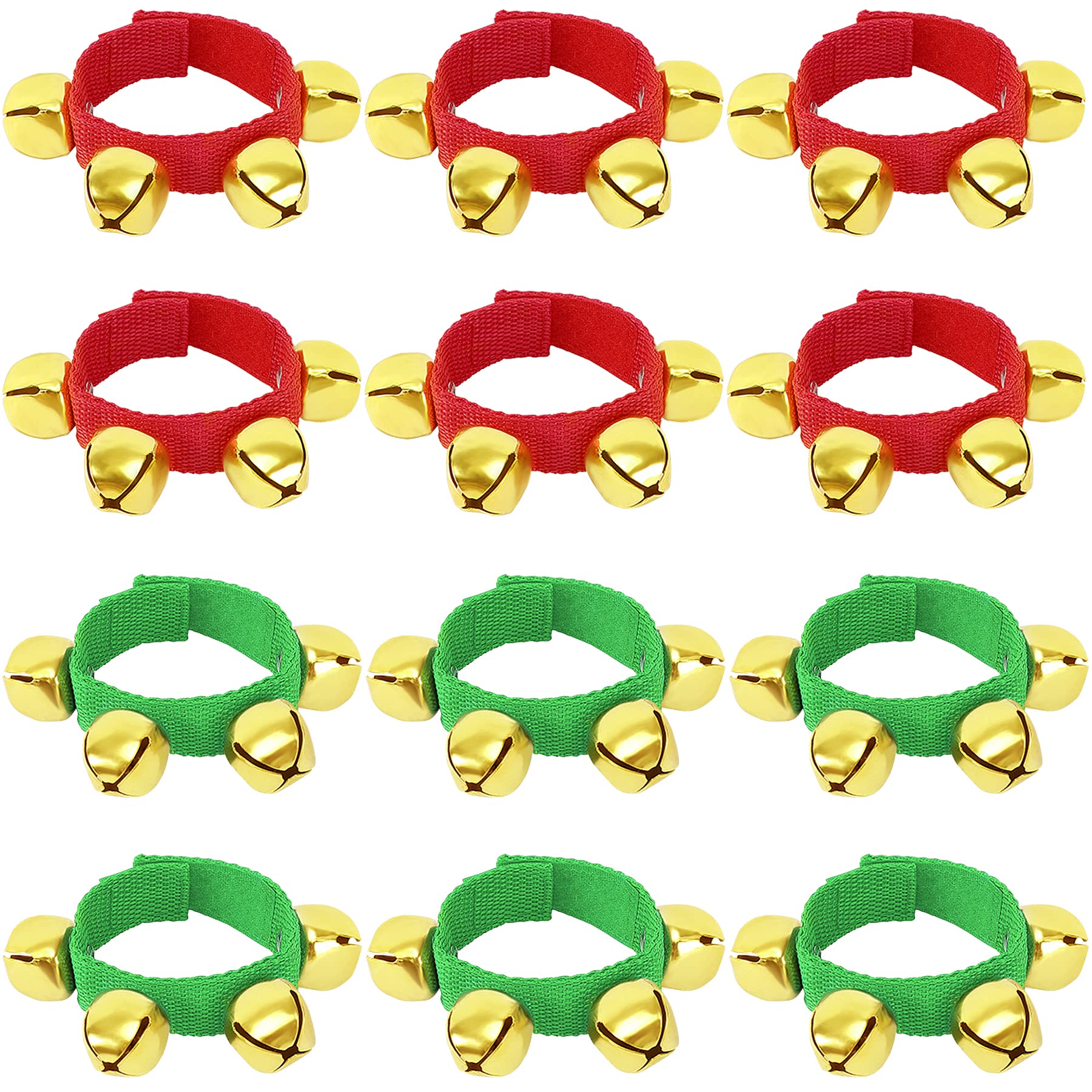 Augshy 12 Packs Christmas Wristbands Jingle Bells with Gold Bells, Bracelet Ankle Bells Musical Instruments for Christmas Gifts Kids Party Favor Toys (6Red and 6Green)