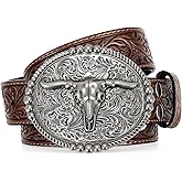 SANSTHS Cowboy Belts for Men Women, Western Leather Belt with Big Buckles Mexican Country Black Longhorn Bull Belt for Jeans