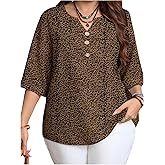 SHENHE Women's Plus Size Leopard Print 3/4 Sleeve Top V Neck Dressy Casual Going Out Blouse