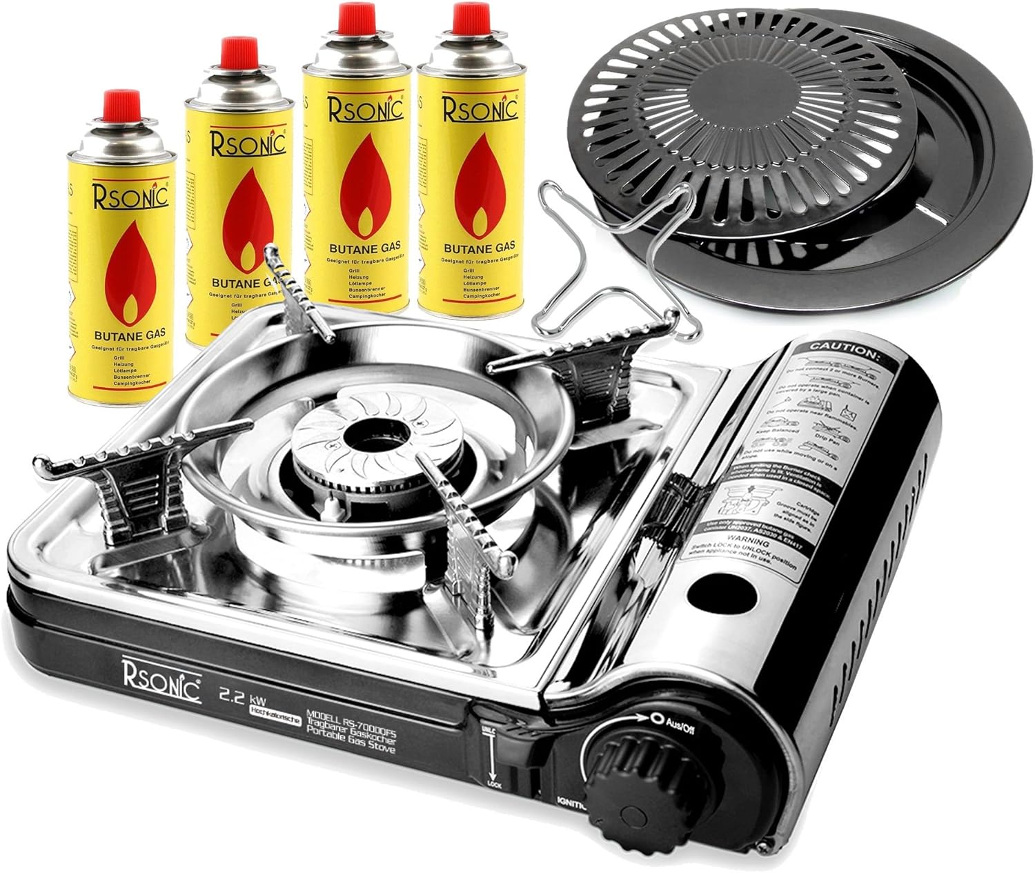 TruWare RSonic Gaskocher Campingkocher Profi RS7000DFS + Gaskartuschen + Grillplatte