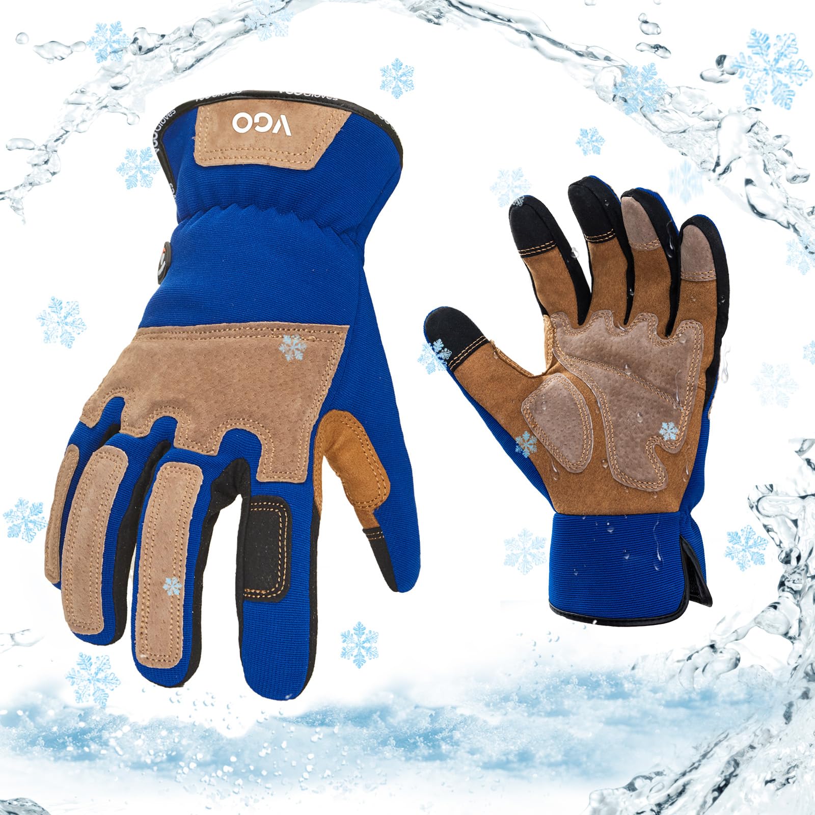 Vgo... Winter Work Gloves Waterproof Touchscreen in Leather, Thermal Safety Gloves for Light&Medium Duty in Cold Weather, 1 pair — image 1