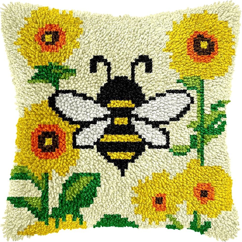 veirousa Bee Sunflower Latch Hook Kits for Adults Beginners, Pre-Printed Animal Latch Hook Pillow Kit, Craft Rug Making Kits, DIY Embroidery Cushion for Home Sofa Decor & Gift Idea 17x17 in.