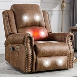 HAOMARKETS Classic Power Recliner Chair with Massage and Heat, Breathable Faux Leather Electric Recliner with USB Port, Overstuffed Reclining Sofa with Rivets for Living Room, Brown