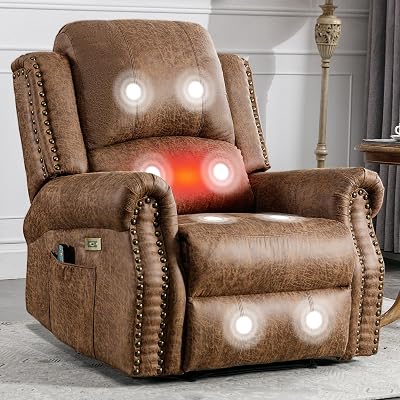 HAOMARKETS Classic Power Recliner Chair with Massage and Heat, Breathable Faux Leather Electric Recliner with USB Port, Overstuffed Reclining Sofa with Rivets for Living Room, Brown