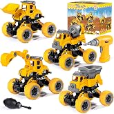 LUDILO Toys for 3 4 5 Year Old Boy Birthday Gift: 4PCS Take Apart Construction Truck Excavator Toy with Electric Drill, Kids