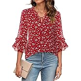 Furnex Womens Tops Dressy Casual Ruffle 3/4 Sleeve V Neck Elegant Floral Chiffon Blouses
