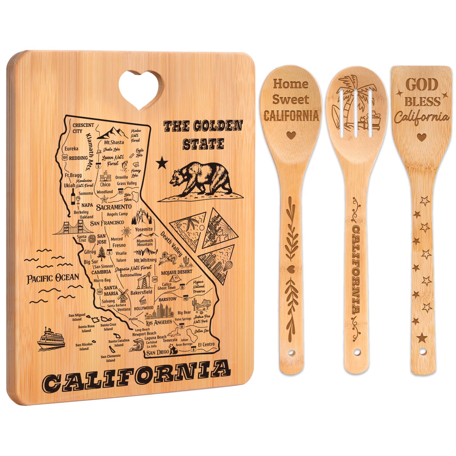 Photo 1 of ***FACTORY SEALED***California State Cutting Board and Spoons Set, California Kitchen Decor with State Map Design, Charcuterie and Serving Board, Home Sweet California Theme Gifts for California Lovers.