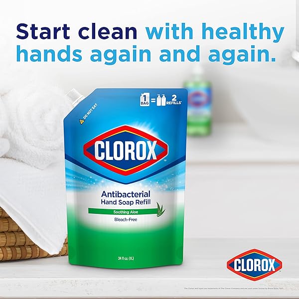 CLOROX ANTIBACTERIAL LIQUID HAND SOAP REFILL, SOOTHING ALOE SCENT – SCENTED HAND WASH, LIQUID SOAP FOR BATHROOM OR KITCHEN – WASHES AWAY DIRT FROM HANDS AND KEEPS THEM SOFT, 34 FL OZ
