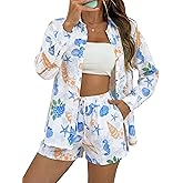 Chicyoo Women Seashell Print Beach Cover Up Set Loose Sheer Shirt Elastic Waist Shorts Summer Resort 2 Piece Outfit