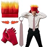 RunNico 4 Pcs Halloween Angry Costume Accessories, Angry Flame Wig Set Includes Fire Shaped Glasses Red Gloves Stripe Tie for Men Women Cosplay Role Playing Party Dress up Supplies