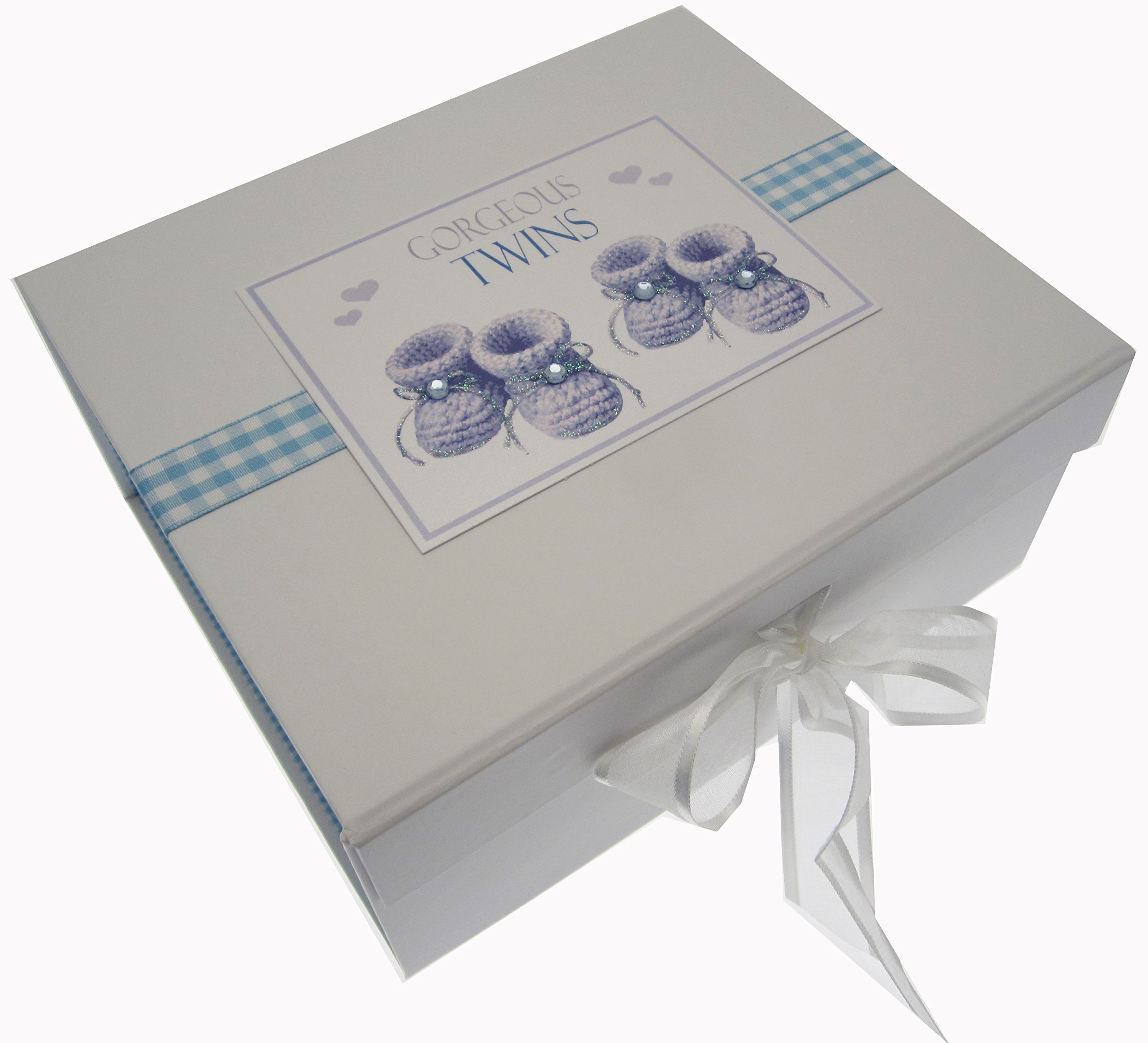 White Cotton Cards Gorgeous Twins, Small Keepsake Box, Blue Booties