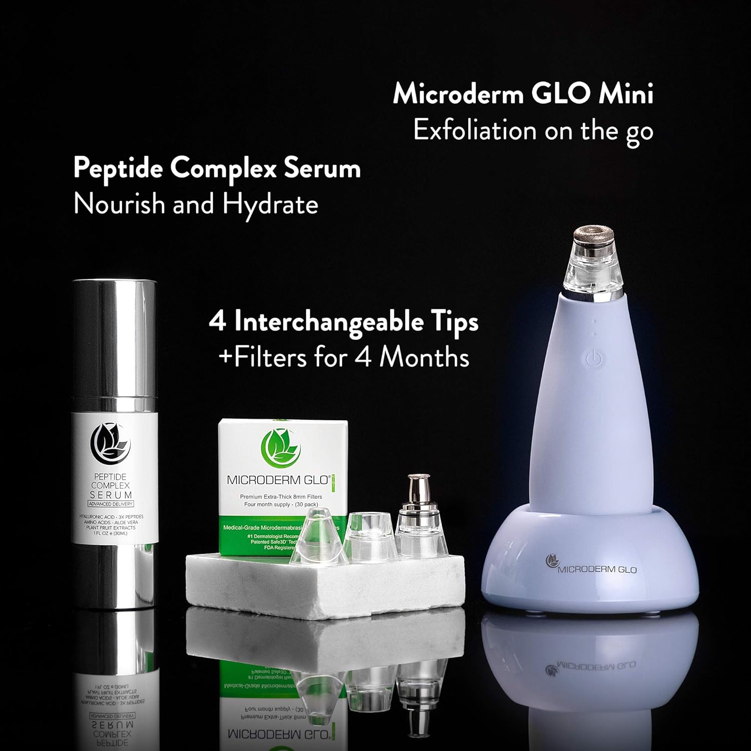 Microderm GLO MINI Premium Skincare Bundle - Includes Diamond Microdermabrasion System, 8mm Filters 30 pack, Peptide Complex Serum. Best Anti Aging Treatment Blackhead Remover and Pore Vacuum Kit: Beauty