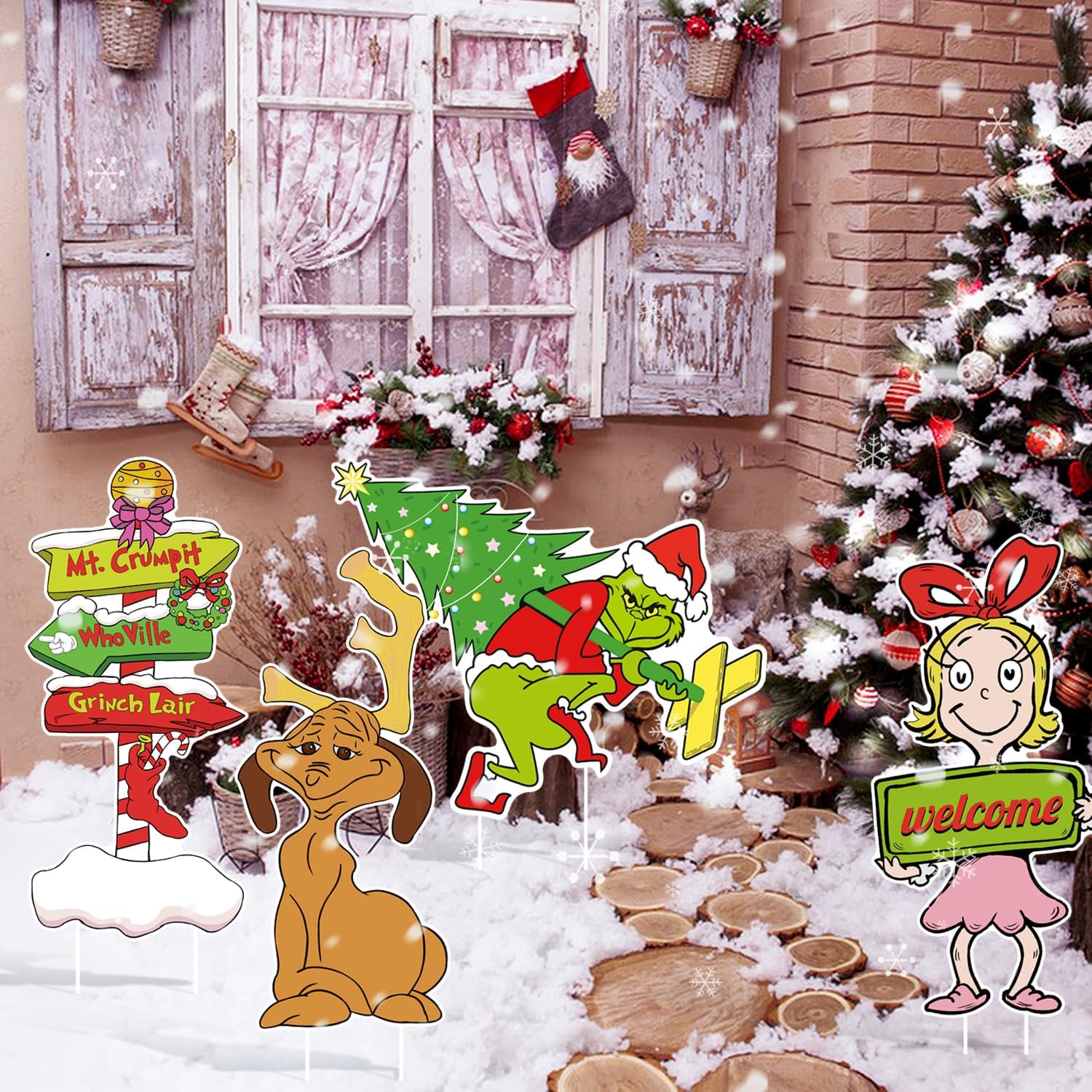 Yard Signs - Grinnch Christmas Decorations, 4Pcs Christmas Yard Sign with Stakes, Outdoor Christmas Decorations Xmas Garden Outside Yard Lawn Decor