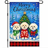 BlissYard Christmas Holiday Garden Flag 12x18 Inch Merry Bichon Frise Dog Outdoor Flag Double Sided Yard Banner with Christmas Tree Snowflakes and Plaid Border for Porch Lawn Patio Winter Decor