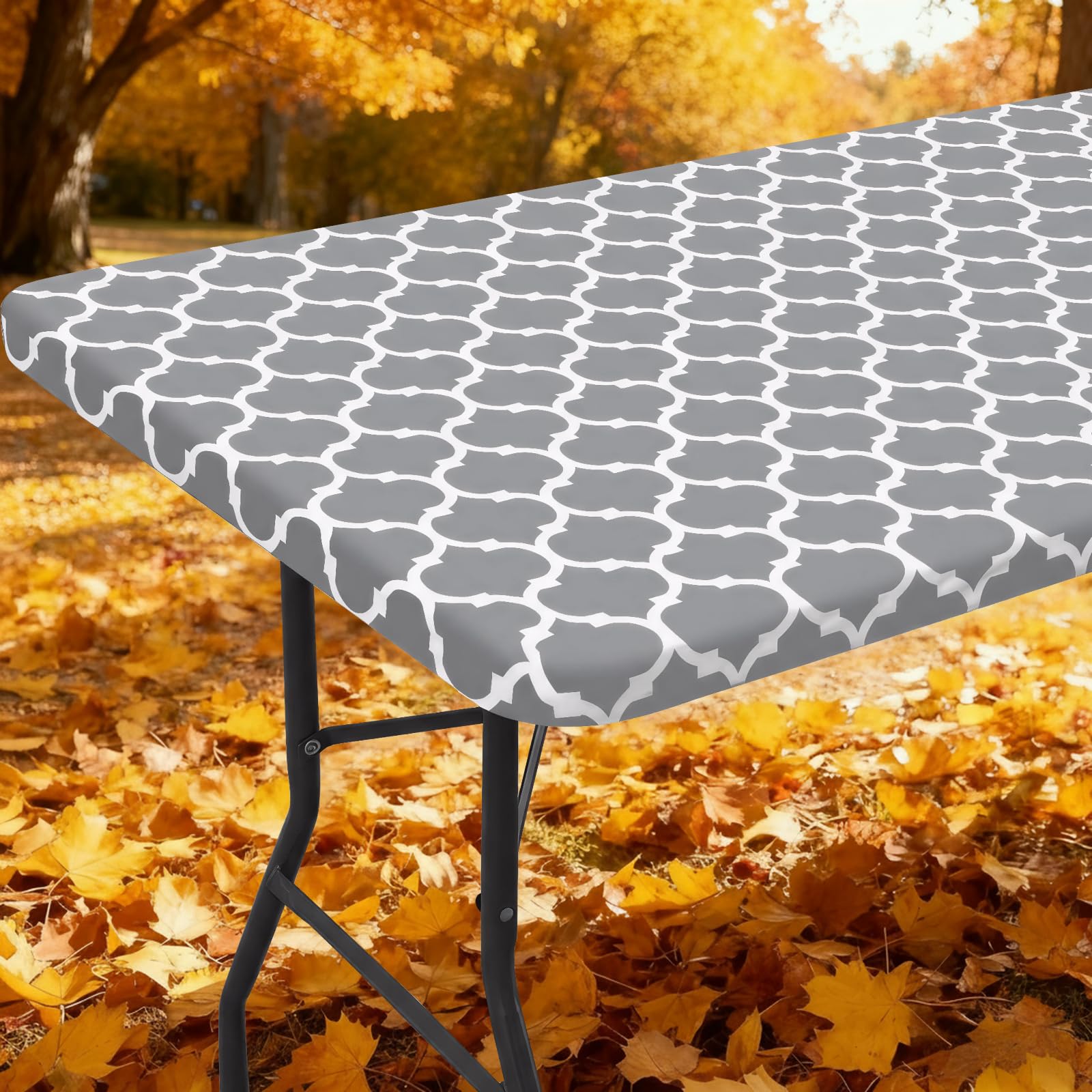 Photo 1 of Smiry Rectangle Picnic Table Cover, Waterproof Elastic Fitted Camping Tablecloths for 5 Foot Tables, Wipeable Flannel Backed Vinyl Tablecloth Protector for Indoor, Outdoor (Grey, 30x60 Inches)