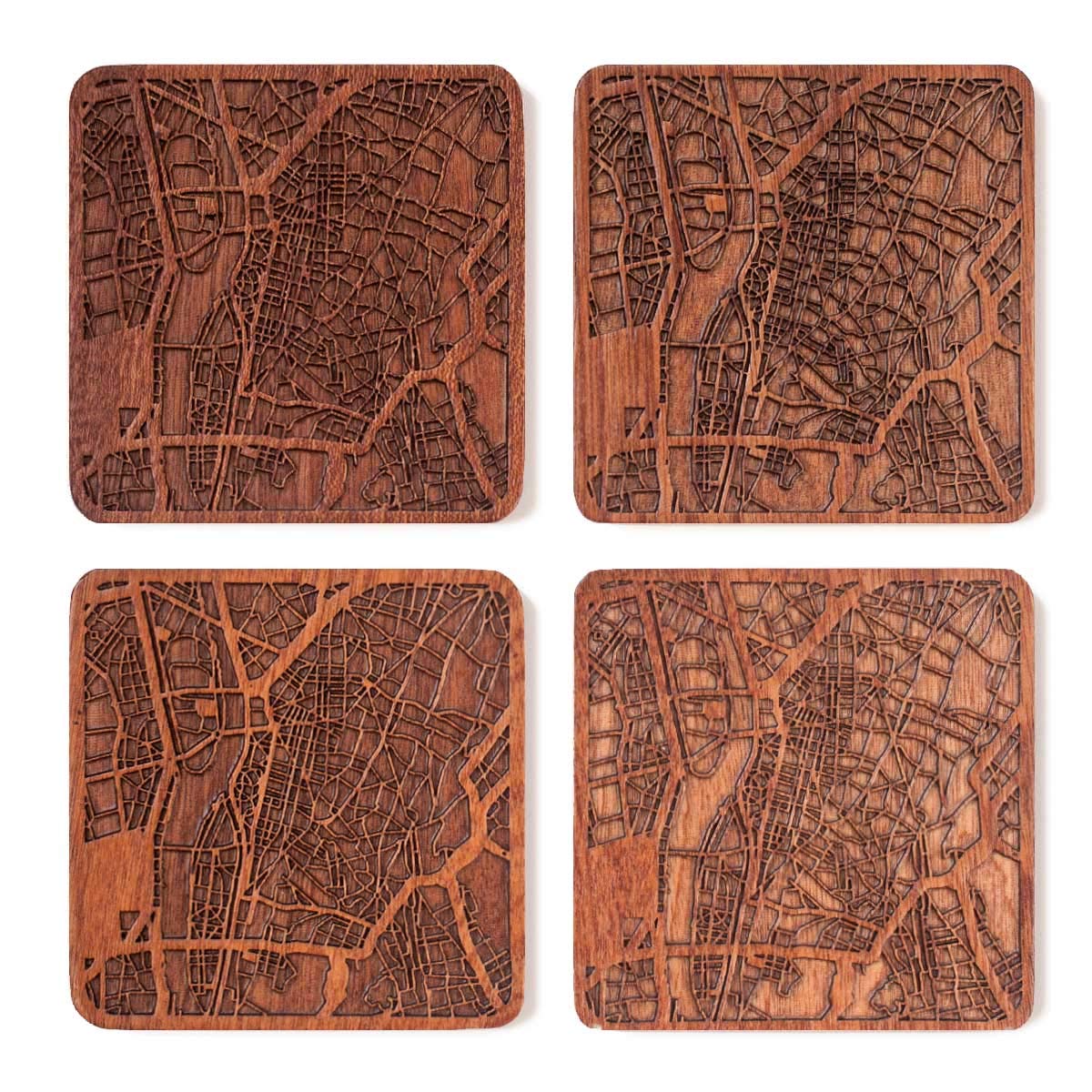 Cairo Map Coaster, Set of 4, Sapele Wooden Coaster with City map, Multiple City Optional, Handmade