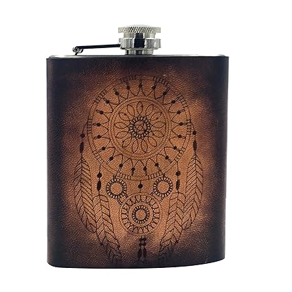 VINAY AND VIJAY Vintage Leather Alcohol Flasks for Men Engraved Dream Catcher Gifts for Men - Tan Color