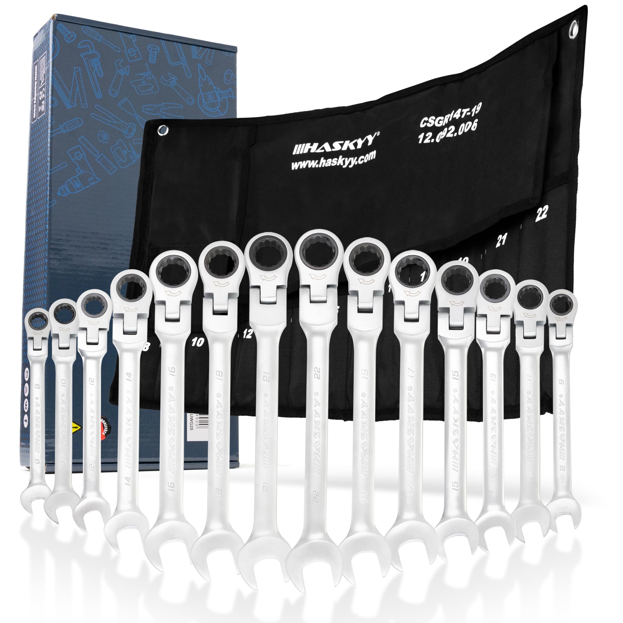 HASKYY Gelenk-Ratschenringschlüssel Set 14 tlg 8–22 mm – Ring Maulschlüssel Set, Ratschenmaulschlüssel & Gabelschlüssel Ratsche aus Chrom-Vanadium-Stahl
