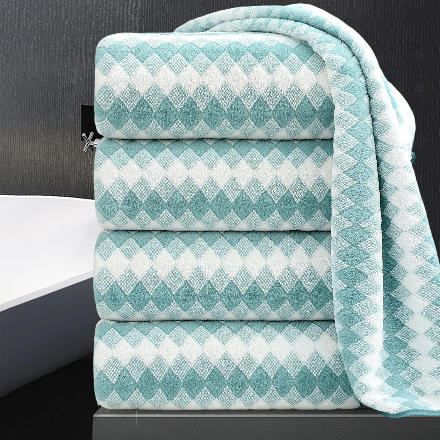 Photo 1 of 4 Piece Bath Towel Set Oversized Bath Sheet 35"x70" Bathroom Towel Extra Large Towel Set Soft Highly Absorbent & Quick Dry Premium Bath Sheet for Bathroom 600GSM Shower Towel Spa Gym Hotel,Aqua
