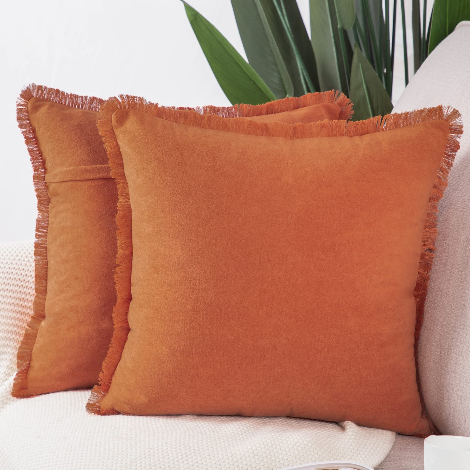 Madizz Set of 2 Suede Cushion Covers with Fringe Tassels 22x22 inch, 55x55 cm, Orange Soft Decorative Throw Pillow Cases for Sofa Bedroom Pillow Shell