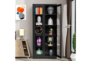 LISSIMO Tall Bookcase Storage Cabinet with Tempered Glass Door,Metal Display Cabinet with 4 Adjustable Shelves,5-Tier Curio Cabinet Liquor Cabinet for Home,Study,Living Room and Office (Black)
