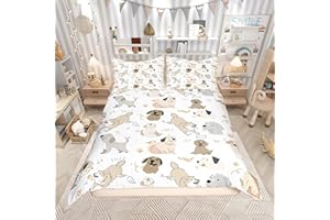 Kawaii Dogs Duvet Cover,Kids Lovely Animals Bedding Set,Cartoon Paws Comforter Cover for Boys Girls Room Decor,Watercolo Graf