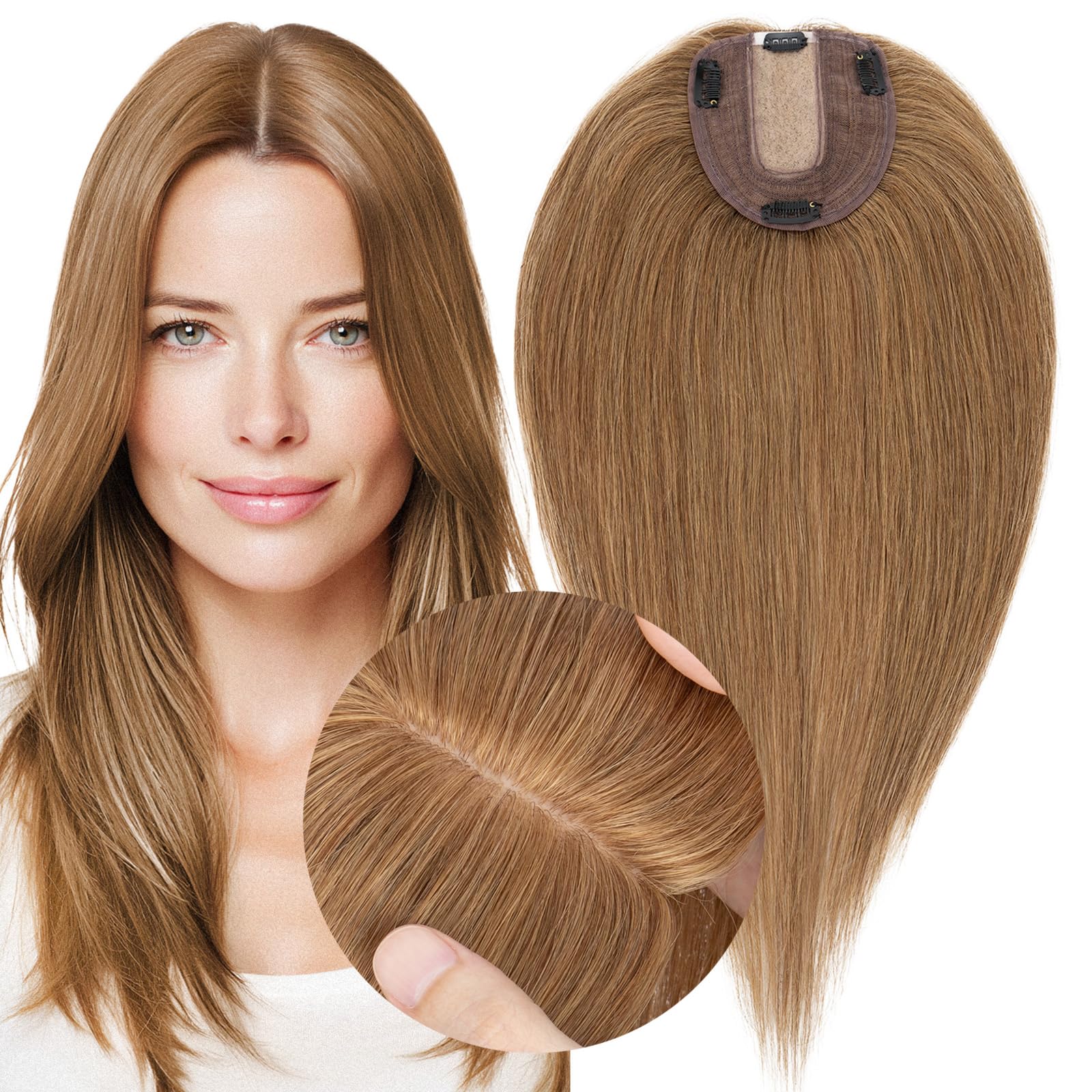Photo 1 of MY-LADY Human Hair Toppers for Women Real Human Hair Thin 10 * 12CM Silk Base with Lace 130% Density Clip in Remy Hairpieces 14 Inch Light Brown