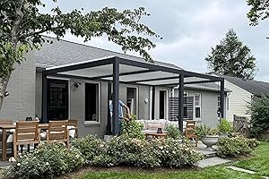 PURPLE LEAF Louvered Pergola 11' x 18' Outdoor Aluminum Pergola with White Adjustable Rainproof Roof Grey Frame Hardtop Gazebo for Patio Deck Garden