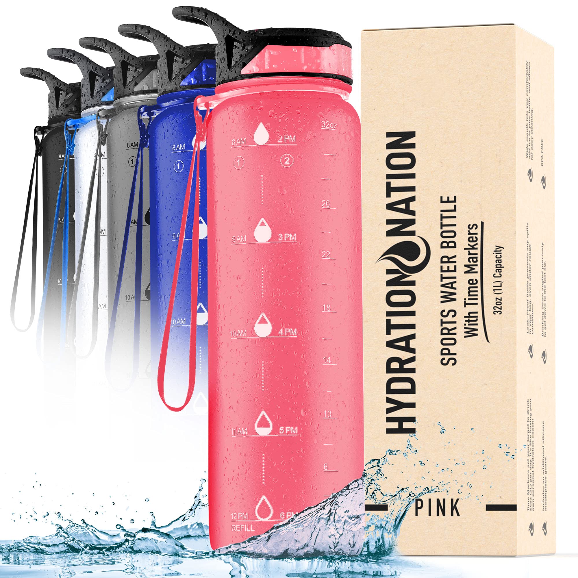 Hydration Nation (32oz Water Bottle With Time Marker - Leak Proof Water Bottles With Times To Drink For Fitness & Sports - 32oz Water Bottle With Straw For Drinking - Water Tracker Bottles (Pink)