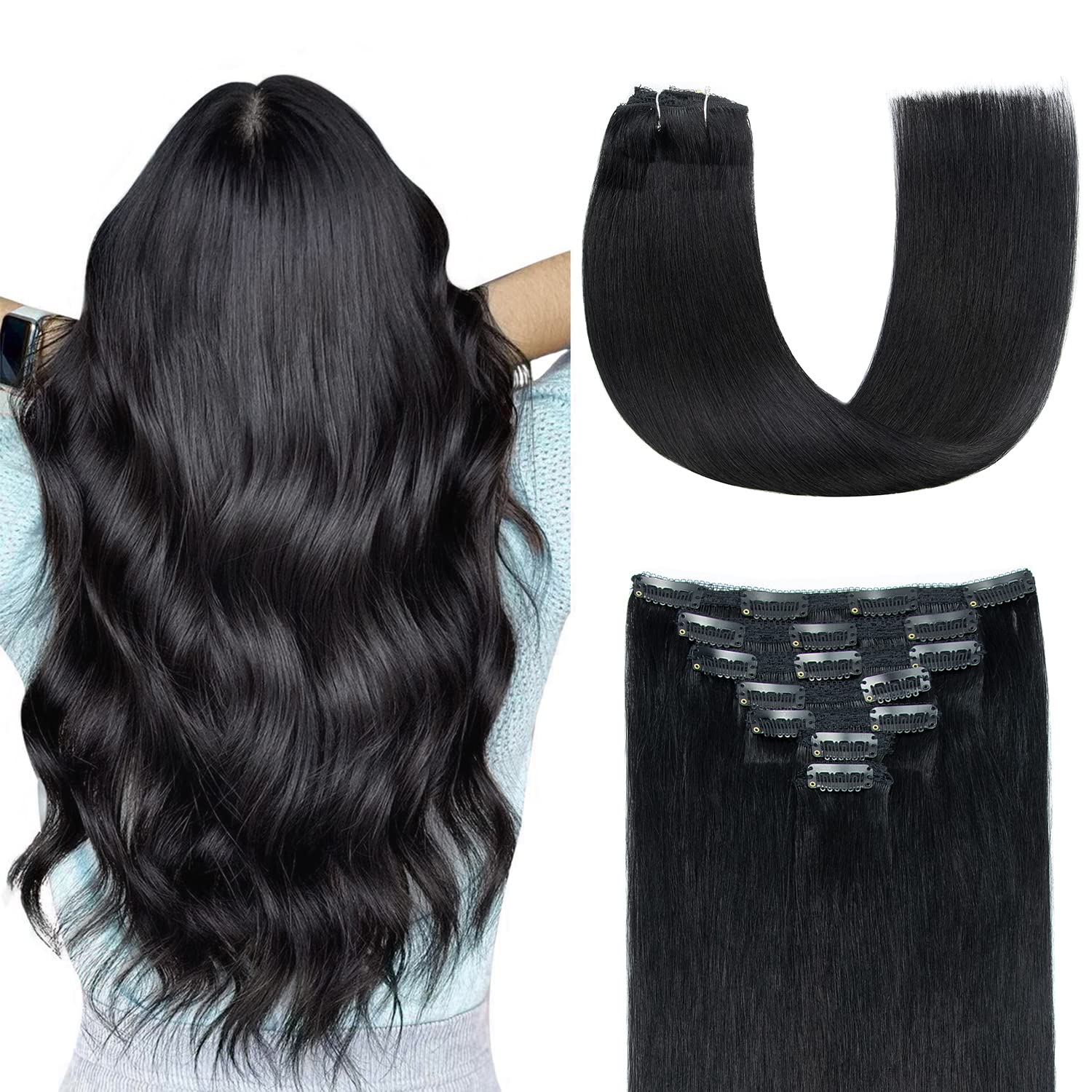 AGMITY Clip in Jet Black 16 inch 7Pcs 120g 100% Real Remy Human Hair Seamless Double Weft Straight Hair Extensions — image 1