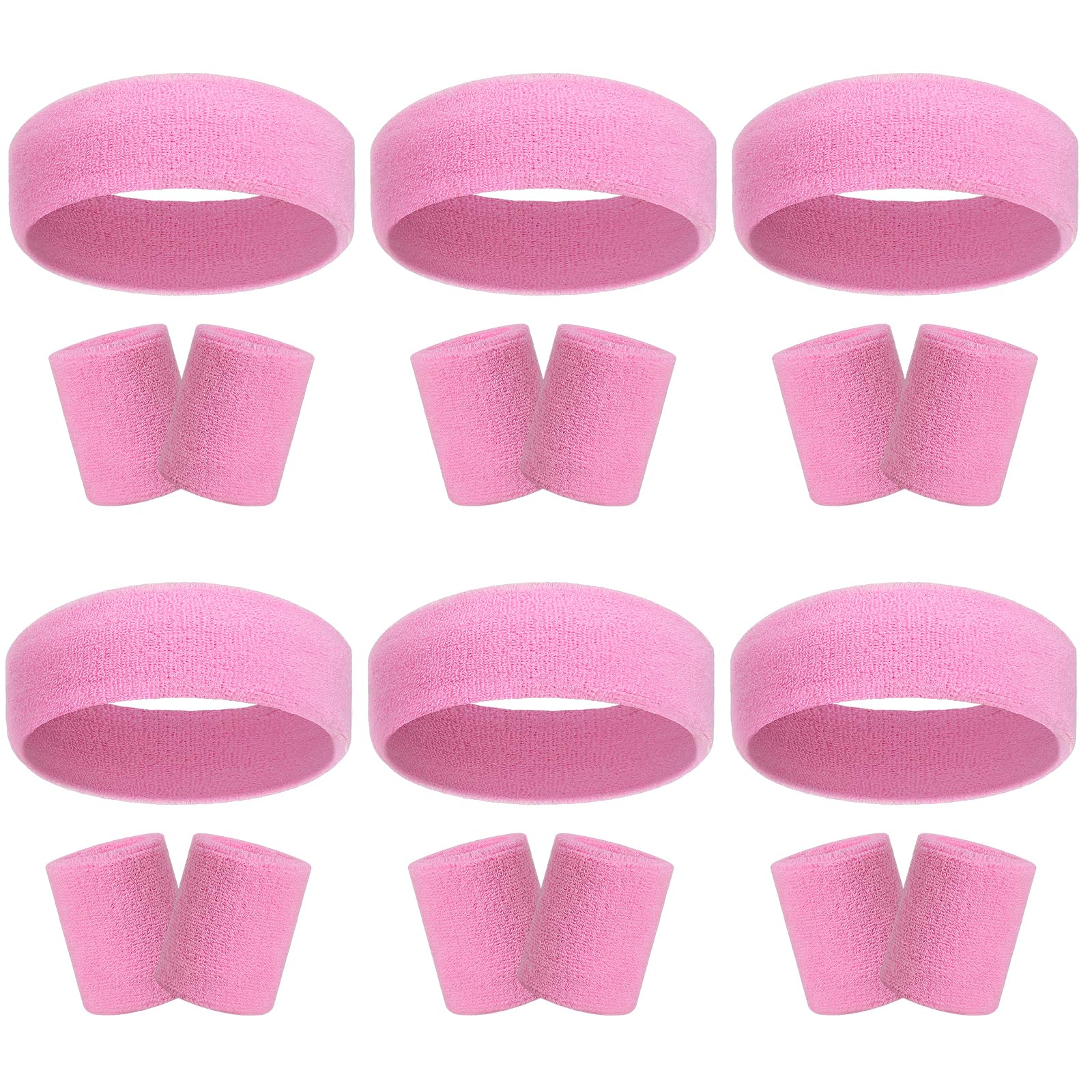 18 Pcs Sweatbands Headband Wristband Set Colorful Striped Terry Cloth Sports Athletic Gym 80s Sweat Headbands Wrist Bands (Pink) One Size