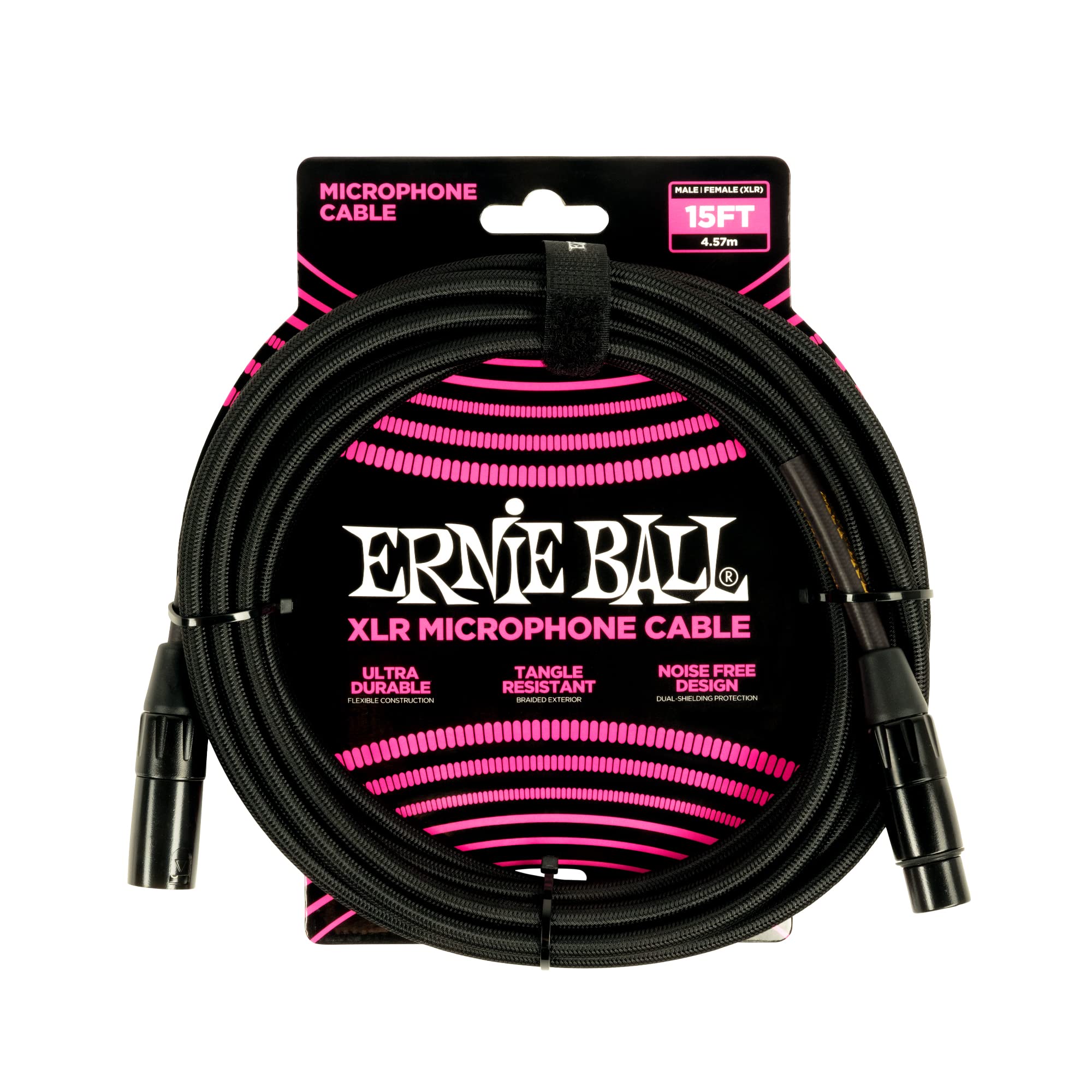 Ernie Ball 15' Braided Male Female XLR Microphone Cable Black